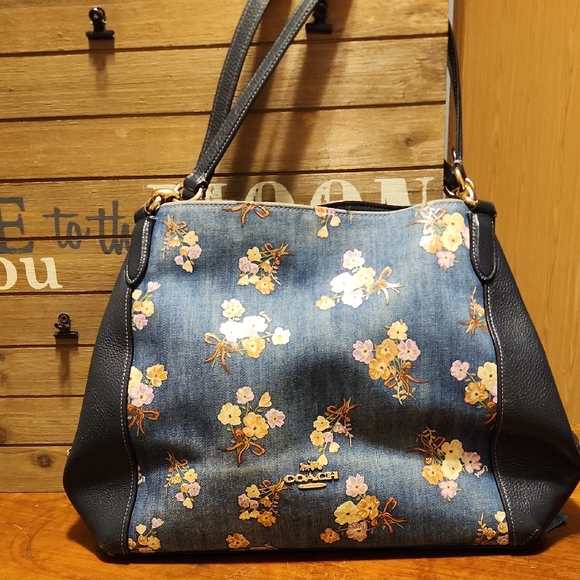 Coach Hallie Denim Shouldet Bag With Painted Floral - Picture 1 of 16